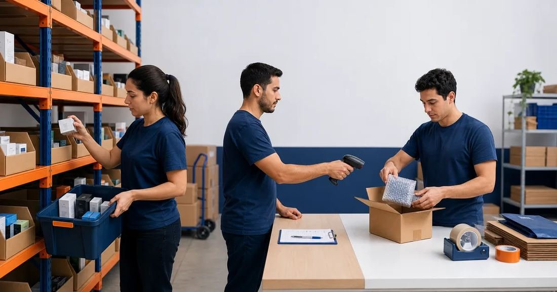 Dos personas preparando pedidos en un depósito